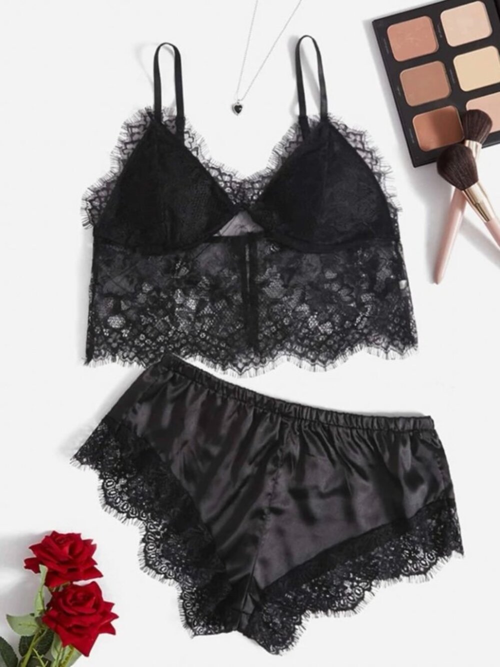 Eyelash Floral Lace Lingerie Set Black S